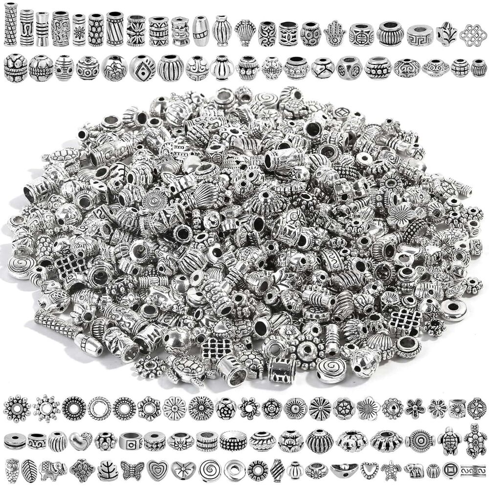 500 Pcs Bracelet Spacer Beads, Silver Bulk Random Styles Loose Spacer Metal